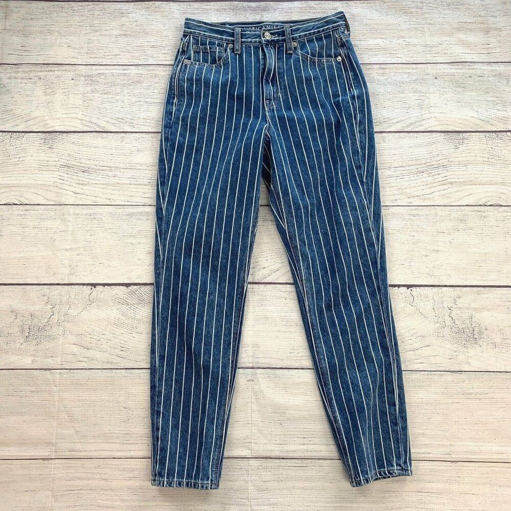 American Eagle Jeans sz 2 R Mom Jean Striped High Rise 27" Inseam Women's Cotton